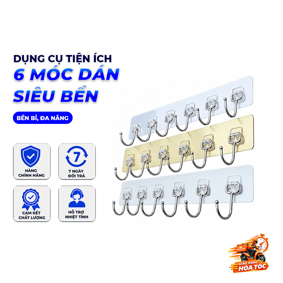 Thanh 6 Móc Inox Dán Tường Cao Cấp, Móc Treo Đồ Nhà Bếp Nhà Tắm