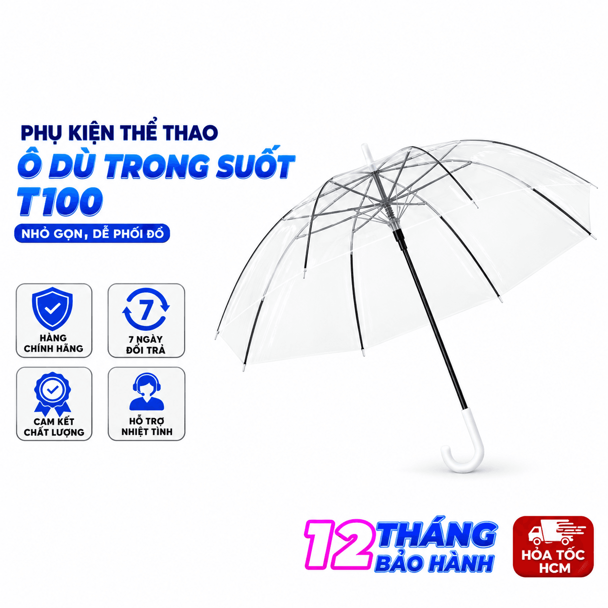 Ô Dù Trong Suốt T100, Dù Đi Mưa Trong Suốt Thời Trang