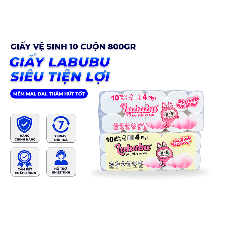 Giấy Vệ Sinh Labubu Bịch 10 Cuộn 800G, Giấy Cuộn Treo Tường Tiện Lợi, Mềm Dai Thấm Hút Tốt