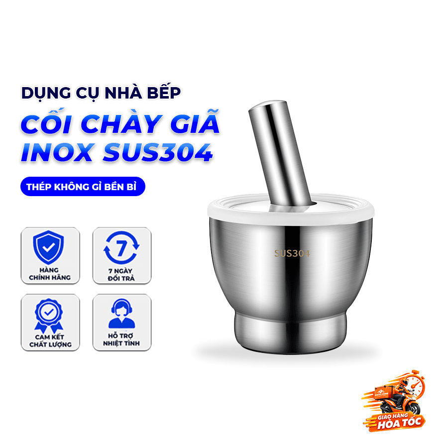 Cối Chày Giã Gia Vị Inox SUS304 – Thành Cối Dày, Đế Chống Trượt, Chày Inox Nguyên Khối, Chống Gỉ, Dễ Vệ Sinh