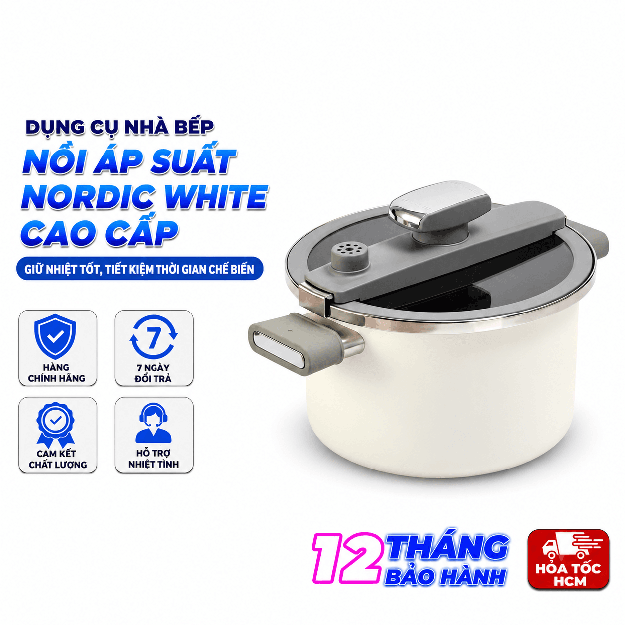 Nồi Áp Suất Chef Han Nordic White Cao Cấp, Nồi Hầm Đa Năng Nấu Nhanh Tiện Lợi