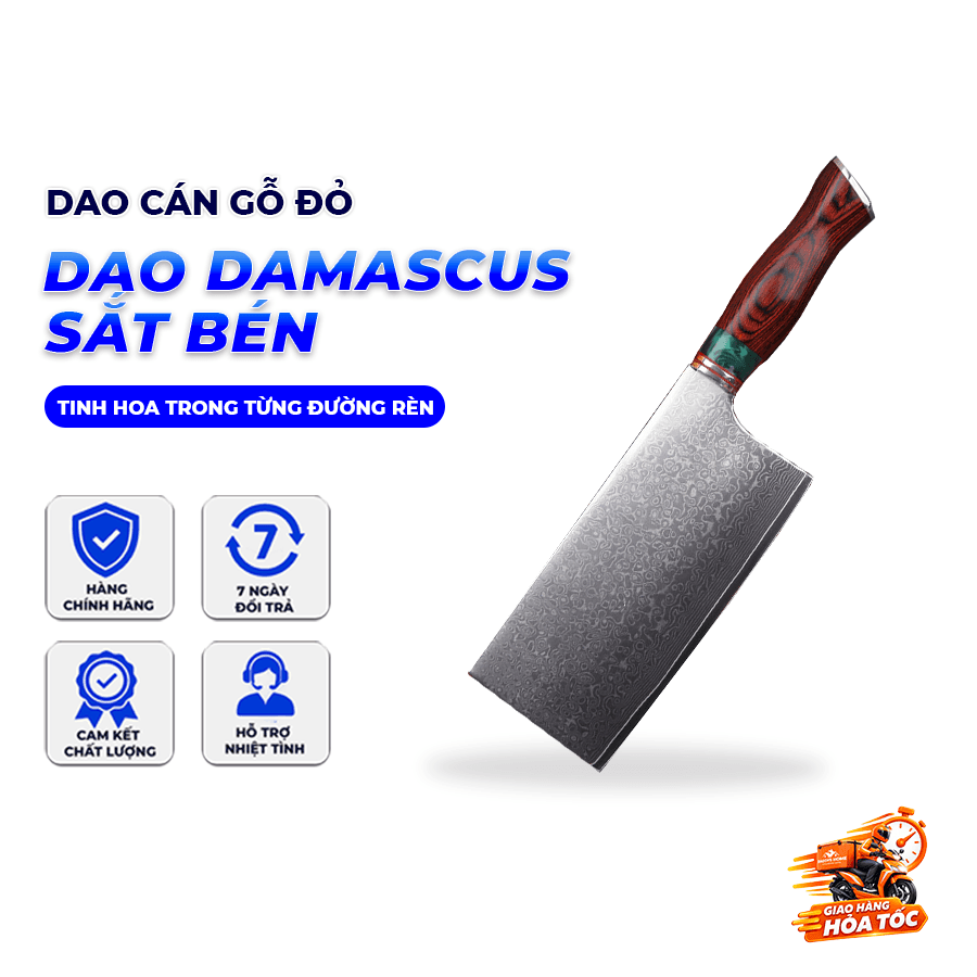 Dao Thái Vuông Damascus Cán Gỗ Đỏ 皇 (Lõi VG-10 67 Lớp) – Sắc Bén Bền Bỉ, Tinh Hoa Trong Từng Đường Rèn