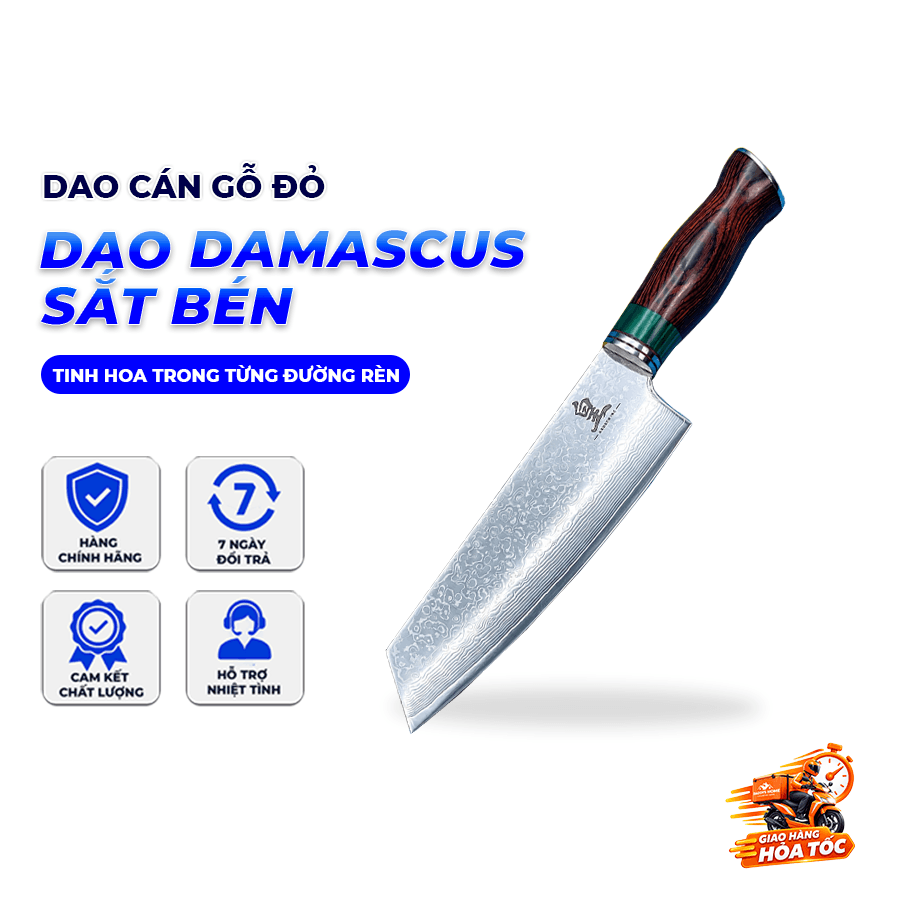 Dao Thái Damascus Cán Gỗ Đỏ 皇 (Lõi VG-10 67 lớp) – Sắc Bén Bền Bỉ, Tinh Hoa Trong Từng Đường Rèn