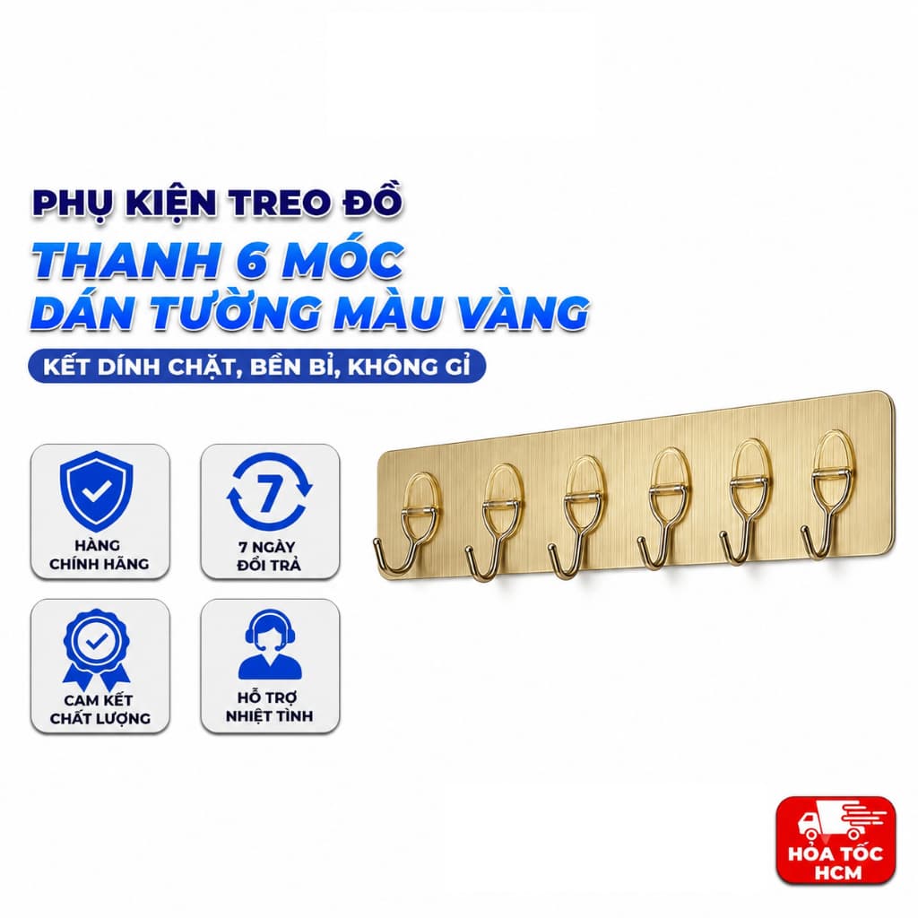 Thanh 6 Móc Dán Tường Màu Vàng, Móc Treo Đồ Đa Năng Tiết Kiệm Không Gian