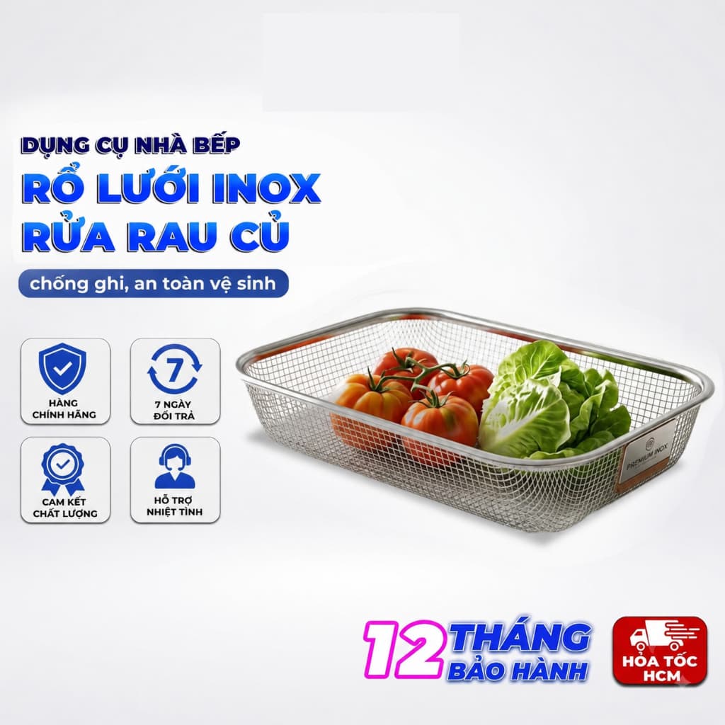 Rổ Lưới Inox Chữ Nhật 29cm, Rổ Đựng Rửa Rau Củ Đa Năng