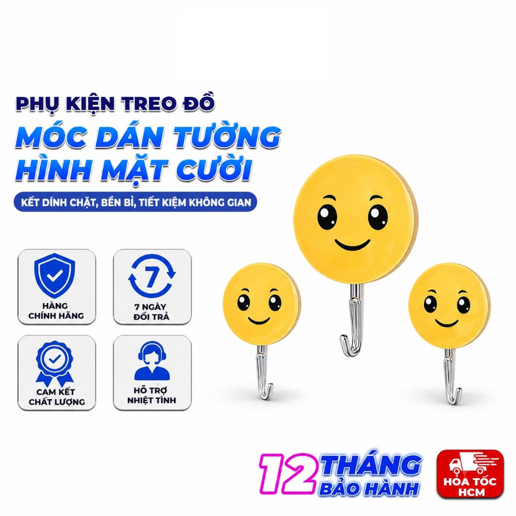Vỉ 3 Móc Dán Tường Hình Mặt Cười, Móc Treo Đồ Đa Năng