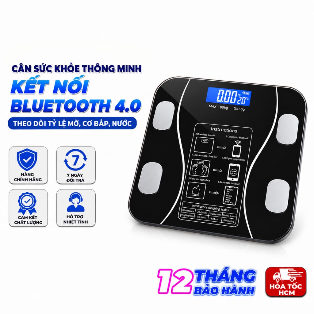Cân Điện Tử Thông Minh Bluetooth 4.0 BIA – Phân Tích Chỉ Số Cơ Thể, Kết Nối Điện Thoại, Sạc USB/Type-C