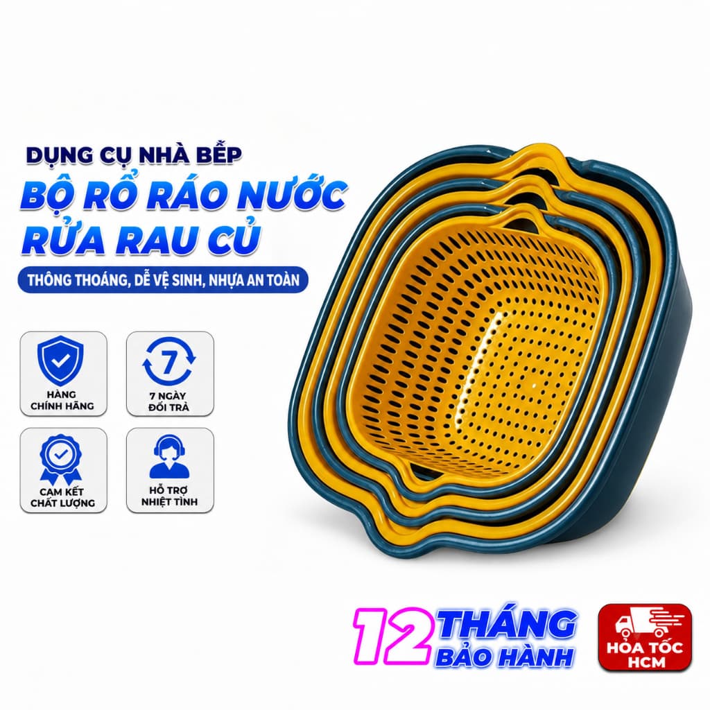 Bộ Chậu Rổ 6 Món Dáng Vuông Đa Năng, Bộ Rổ Ráo Nước Rửa Rau Củ Xếp Gọn Tiện Lợi