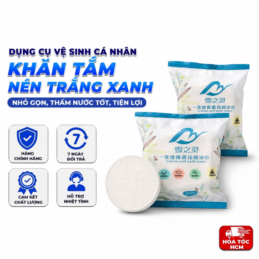 Khăn Tắm Nén Trắng Xanh 70x140cm 68g, Khăn Tắm Du Lịch Tiện Lợi