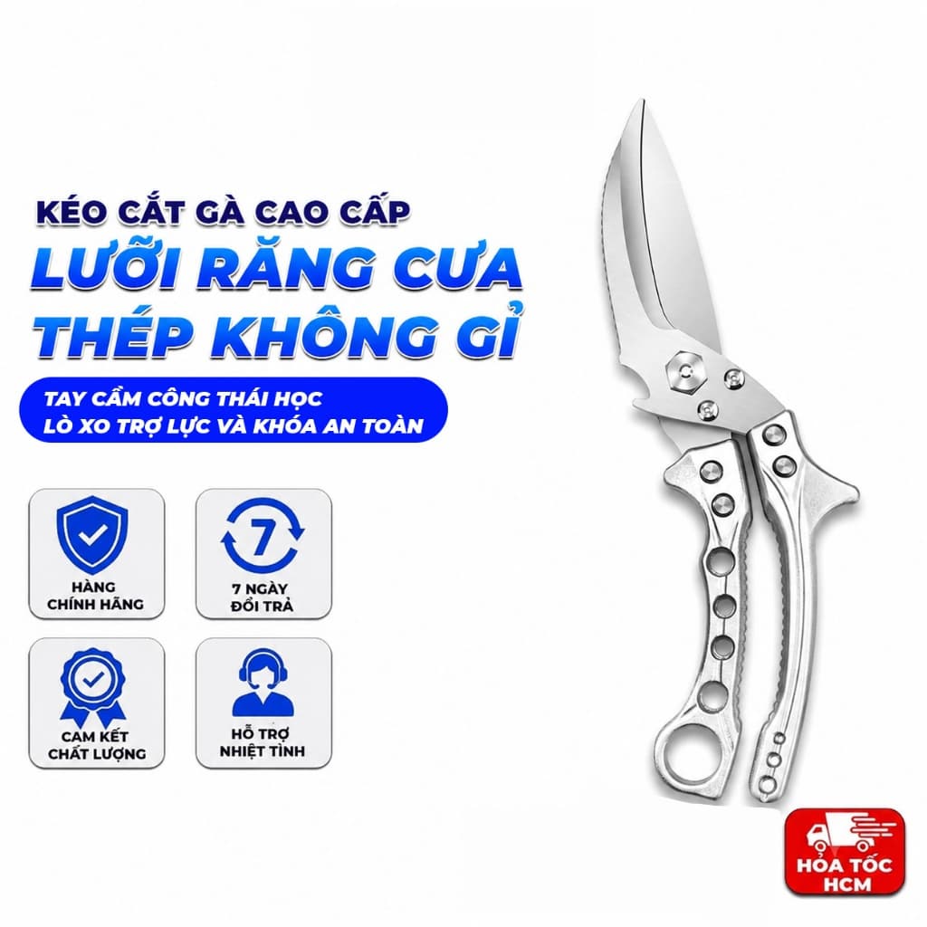 Kéo Cắt Gà Cao Cấp – Lưỡi Răng Cưa Thép Không Gỉ 3Cr13,Tách Thành Dao, Cắt Xương, Cạo Vảy Cá, Mở Nắp Chai