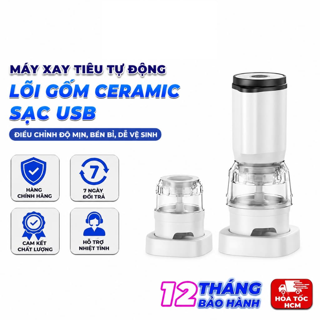 Máy Xay Tiêu Điện Đa Năng – Lõi Gốm Ceramic, Sạc USB, Điều Chỉnh Độ Mịn, Xay Gia Vị Tự Động