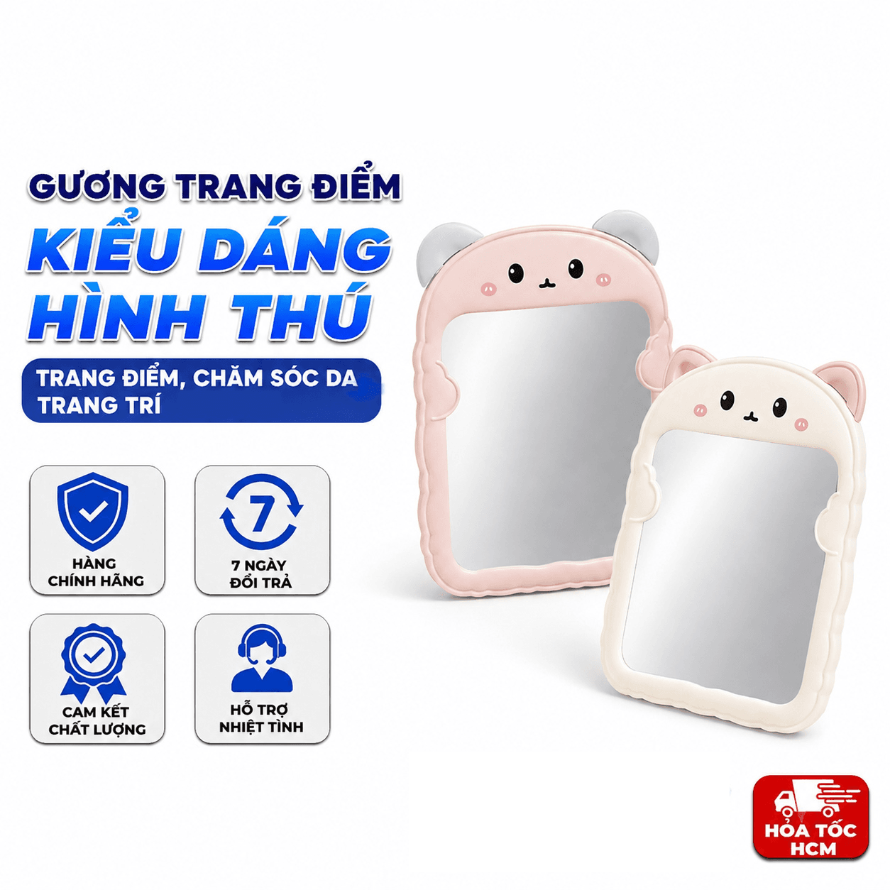Gương Để Bàn Hình Gấu, Gương Trang Điểm Mini Để Bàn Dễ Thương