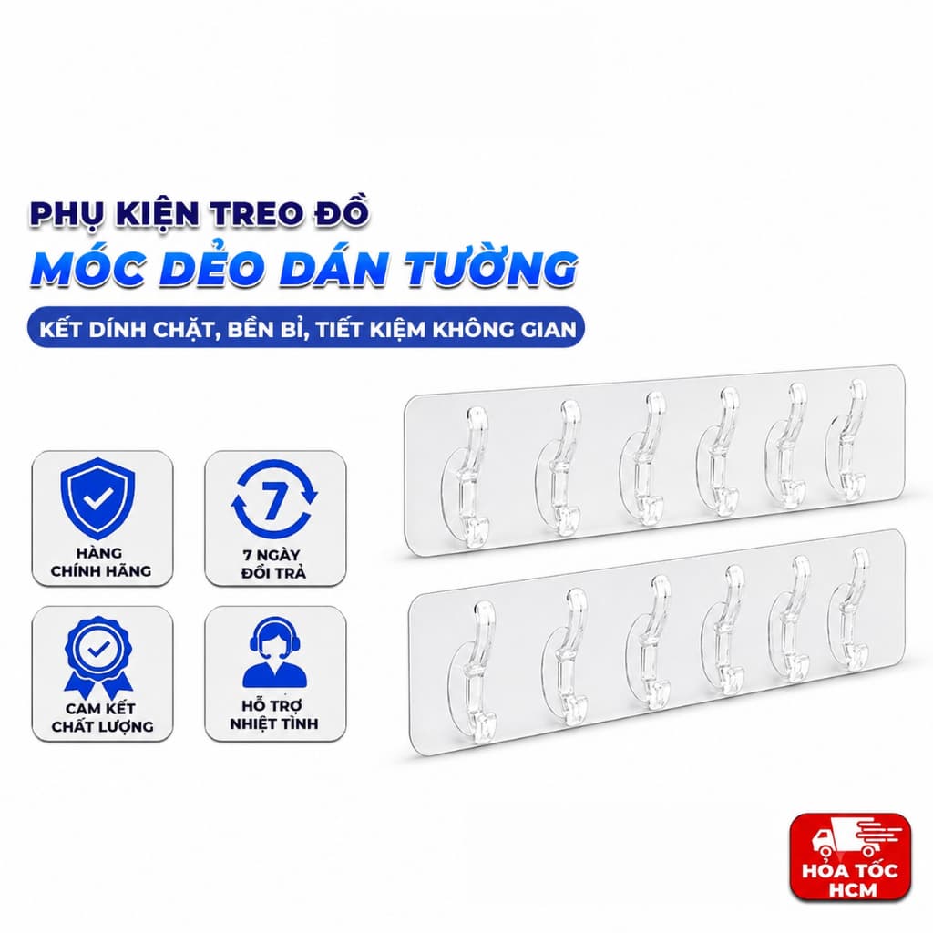 Thanh 6 Móc Dẻo Dán Tường, Móc Treo Đồ Đa Năng Tiết Kiệm Không Gian