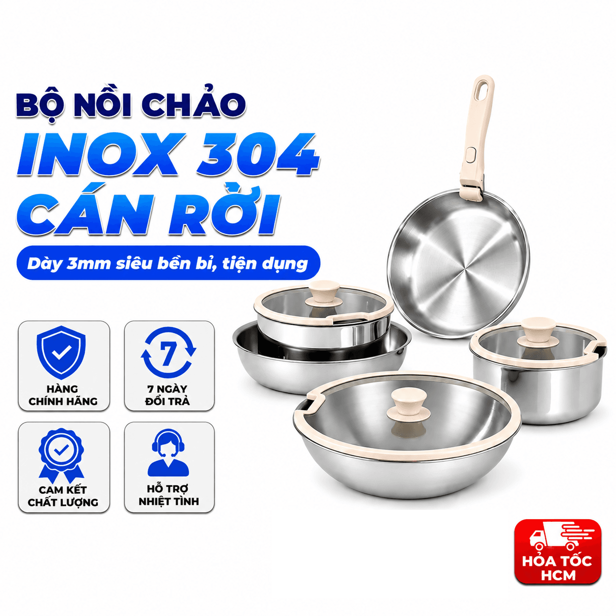Bộ Nồi Cán Rời CAROTE Inox 304, Siêu Dày, Bộ Nồi Chảo Đa Năng Nhà Bếp