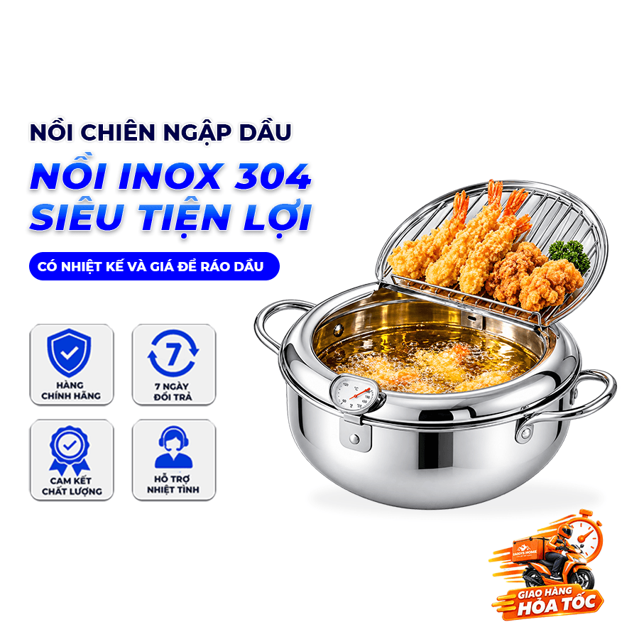 Nồi Chiên Ngập Dầu Inox 304 Kiểu Nhật 20cm/2.2L, Có Nhiệt Kế Và Giá Để Ráo Dầu, Nồi Chiên Báo Nhiệt Độ