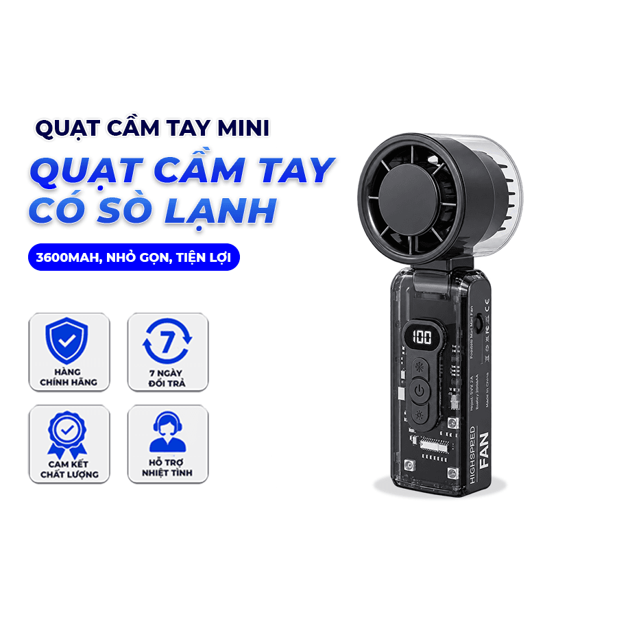 Quạt Tích Điện Cầm Tay FC8 Cổ Gập Sò Lạnh – Pin 3600mAh, Nhỏ Gọn, Tiện Lợi, Nhiều Mức Gió, Sạc Type-C
