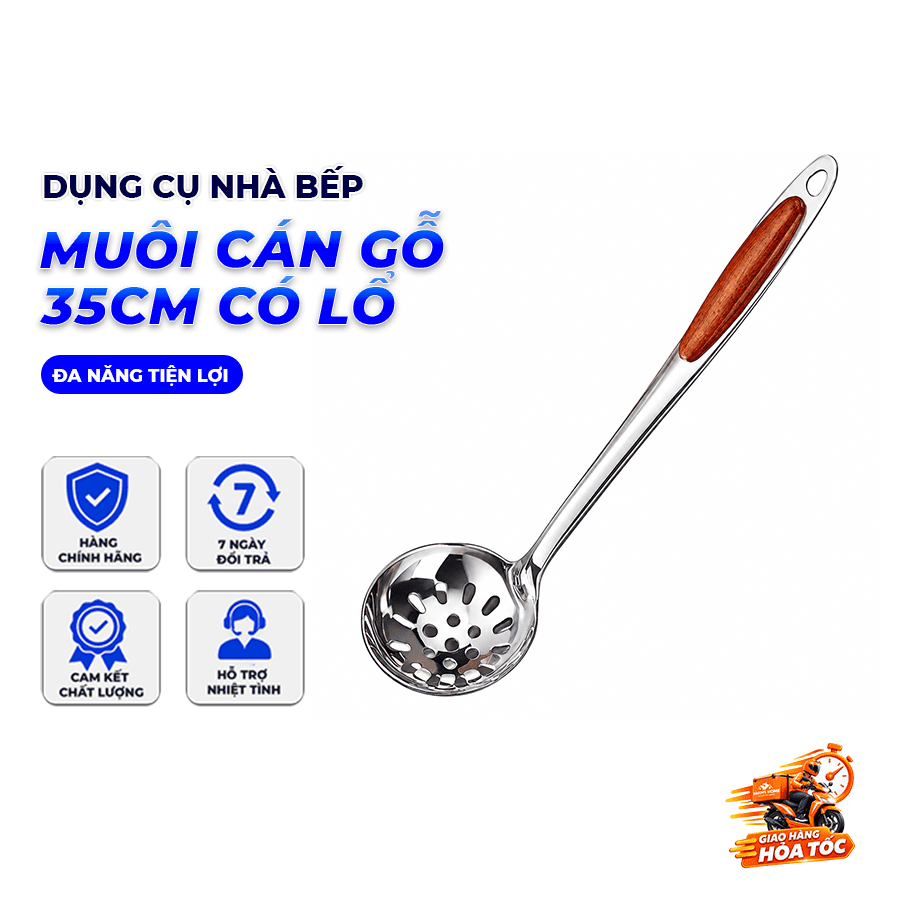 Vá Lỗ Gỗ 35cm, Muôi Vớt Thực Phẩm Cán Gỗ Nhà Bếp