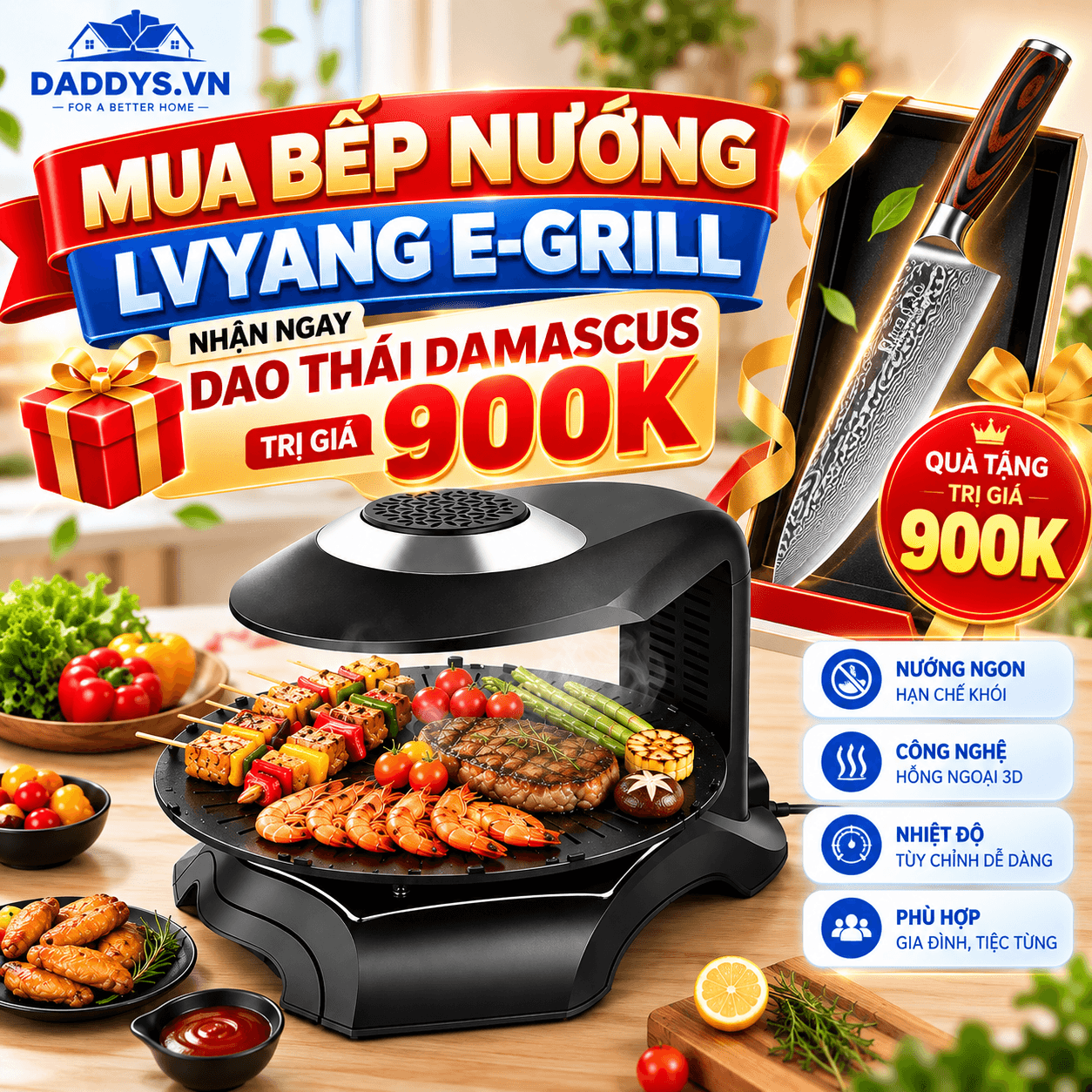 ƯU ĐÃI ĐẶC BIỆT – TẶNG DAO THÁI DAMASCUS TRỊ GIÁ 900K KHI MUA BẾP NƯỚNG LVYANG E-GRILL