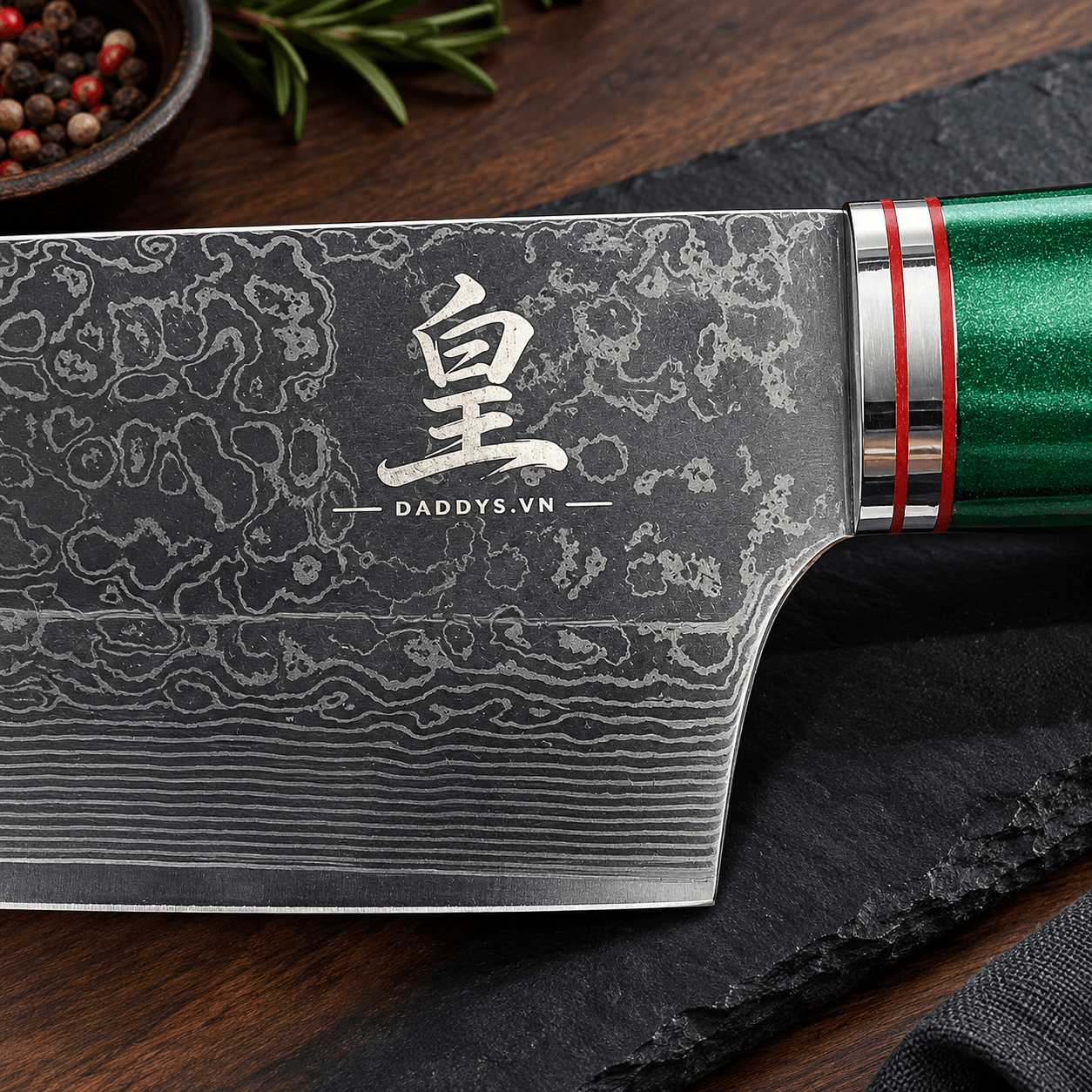 Dao Thái Damascus Cán Gỗ Đỏ 皇 (Lõi VG-10 67 lớp) – Sắc Bén Bền Bỉ, Tinh Hoa Trong Từng Đường Rèn