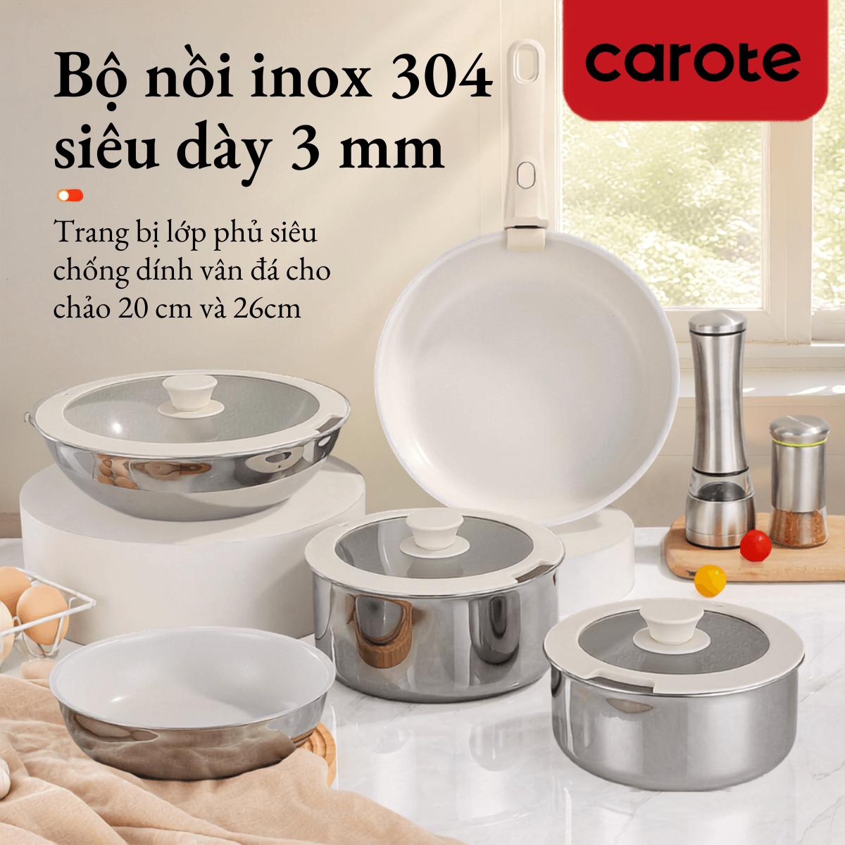 Bộ Nồi Cán Rời CAROTE Inox 304, Siêu Dày, Bộ Nồi Chảo Đa Năng Nhà Bếp
