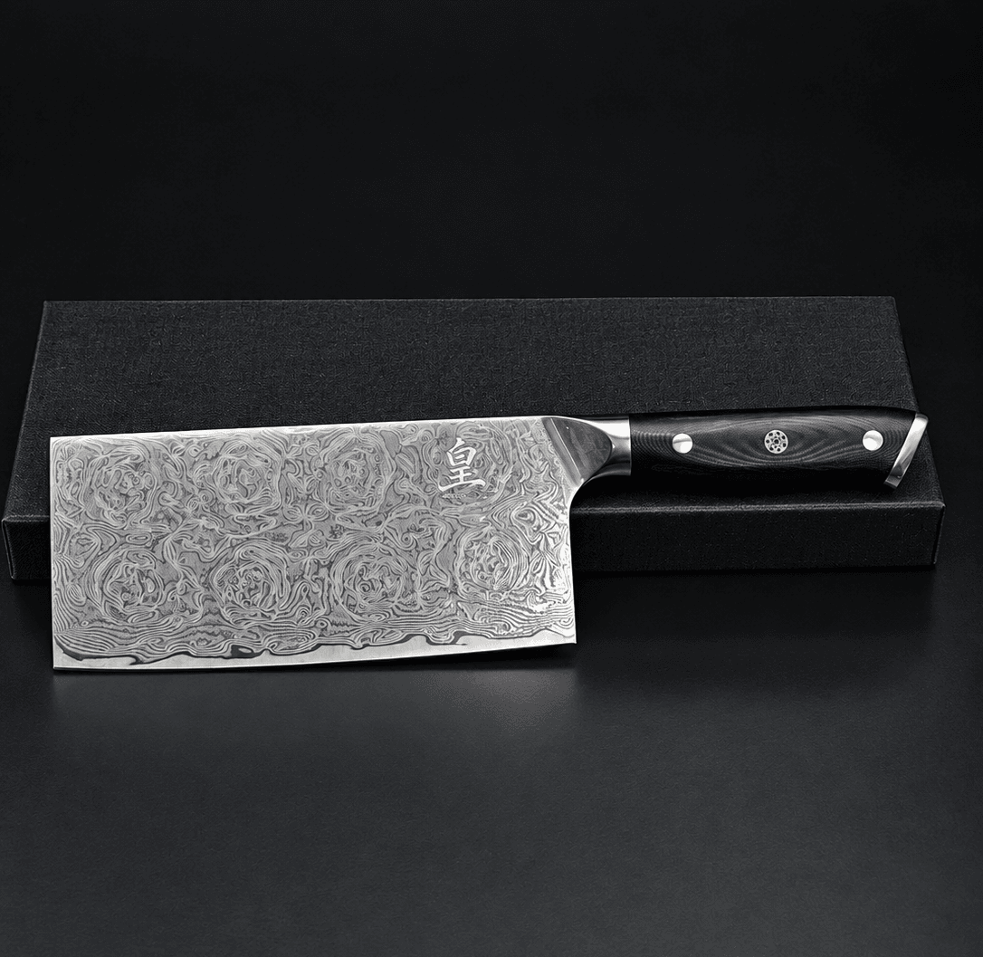 Dao Thái Vuông Damascus Cán Gỗ Đen 皇 (Lõi VG-10 67 lớp) – Sắc Bén Bền Bỉ, Tinh Hoa Trong Từng Đường Rèn