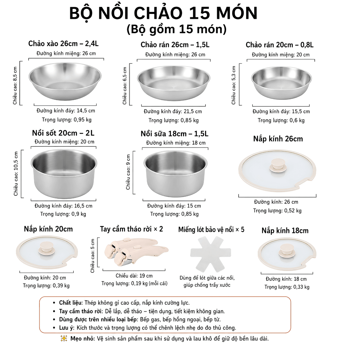 Bộ Nồi Cán Rời CAROTE Inox 304, Siêu Dày, Bộ Nồi Chảo Đa Năng Nhà Bếp - SP2069114174