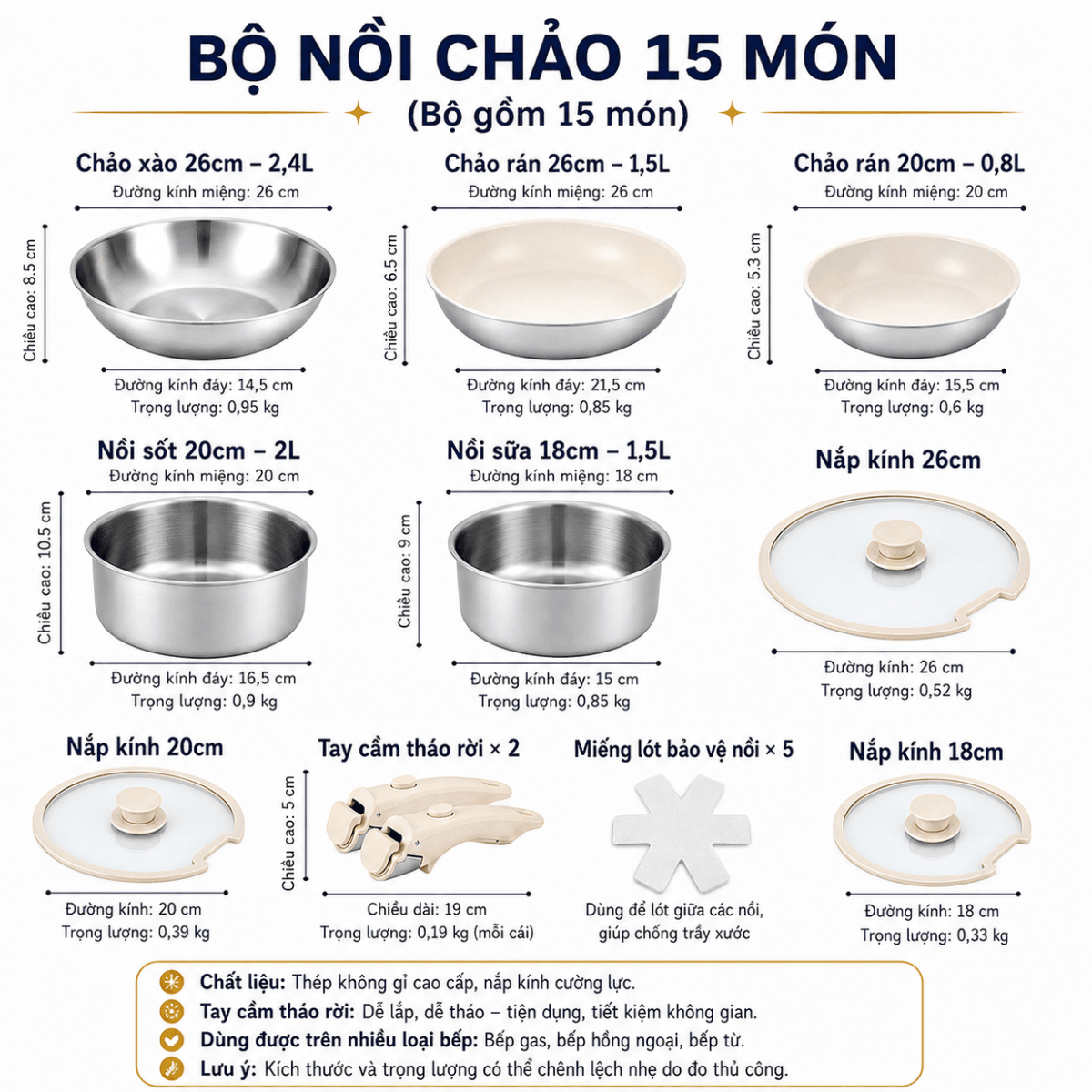 Bộ Nồi Cán Rời CAROTE Inox 304, Siêu Dày, Bộ Nồi Chảo Đa Năng Nhà Bếp