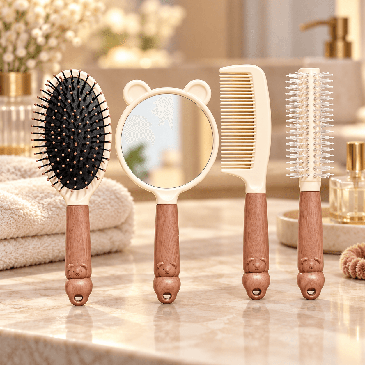 Bộ Lược Gấu 4 Món, Bộ Lược Chải Tóc Tạo Kiểu Tiện Lợi