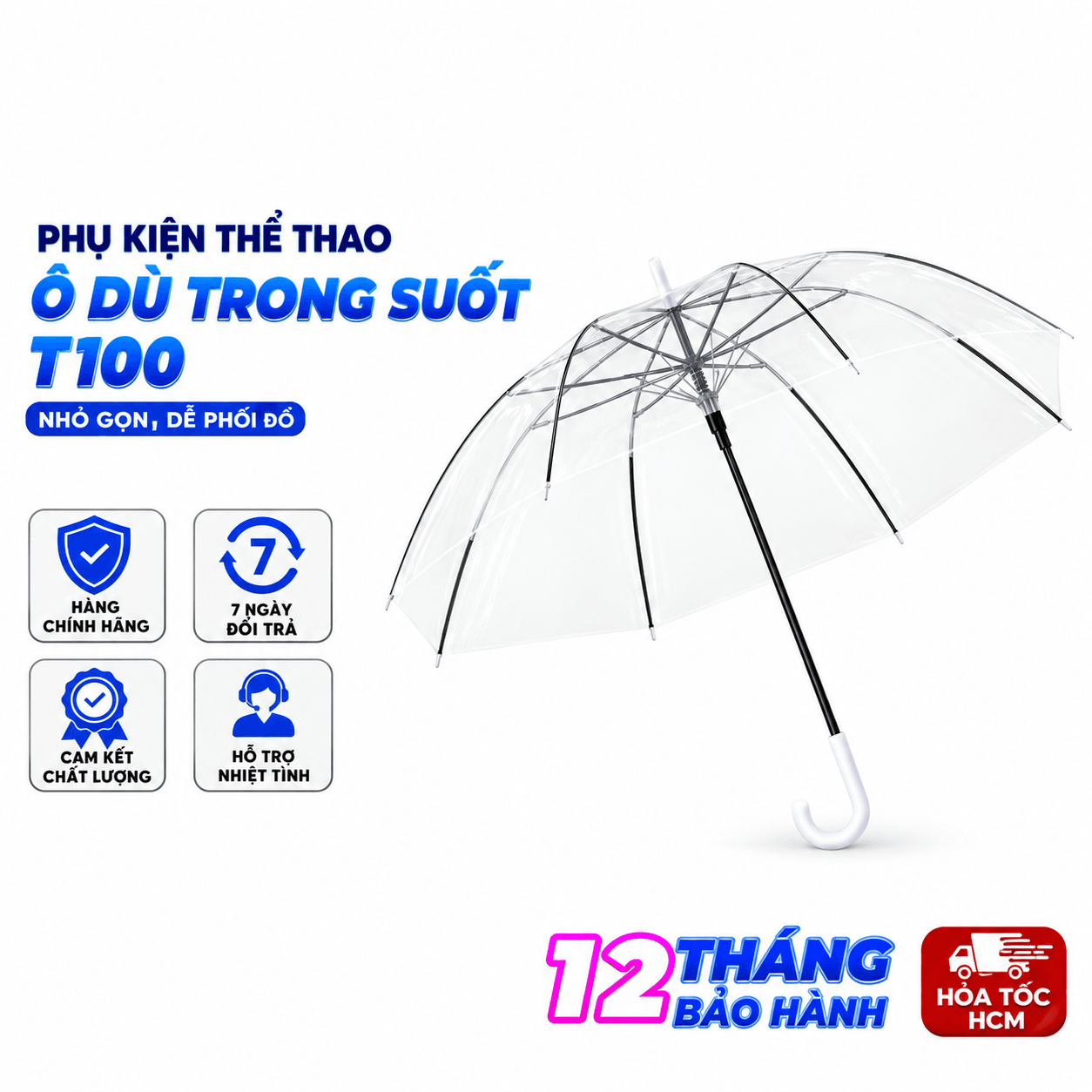 Ô Dù Trong Suốt T100, Dù Đi Mưa Trong Suốt Thời Trang