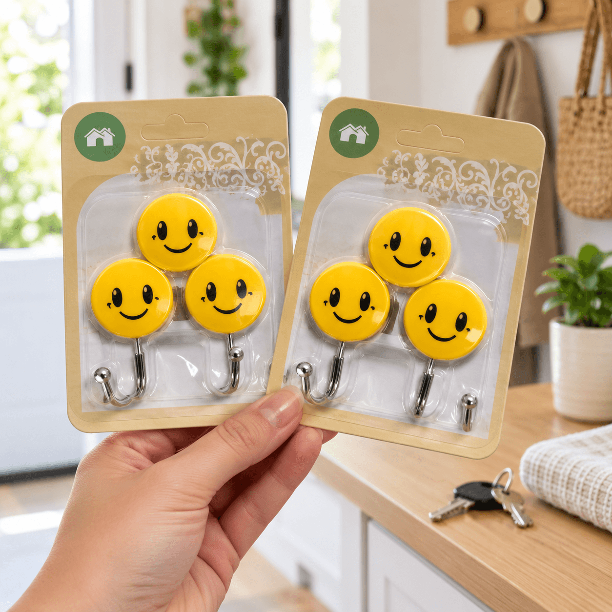 Vỉ 3 Móc Dán Tường Hình Mặt Cười, Móc Treo Đồ Đa Năng