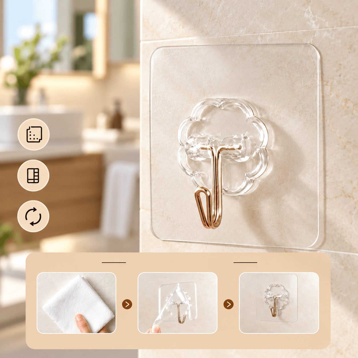 Vỉ 6 Móc Dán Tường Chữ Nhật, Móc Treo Đồ Không Khoan Tường Tiện Lợi