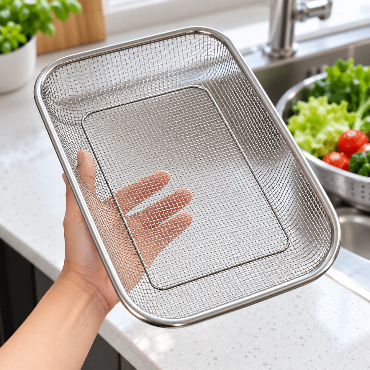 Rổ Lưới Inox Chữ Nhật 29cm, Rổ Đựng Rửa Rau Củ Đa Năng