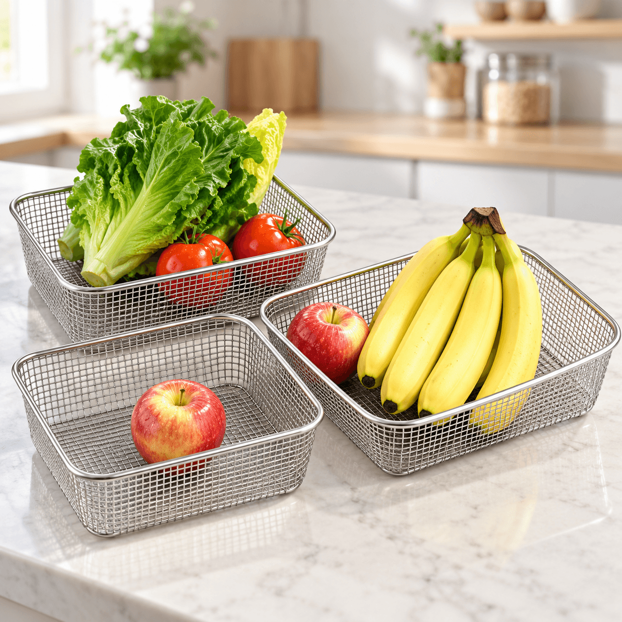Rổ Lưới Inox Chữ Nhật 37cm, Rổ Đựng Rửa Rau Củ Đa Năng
