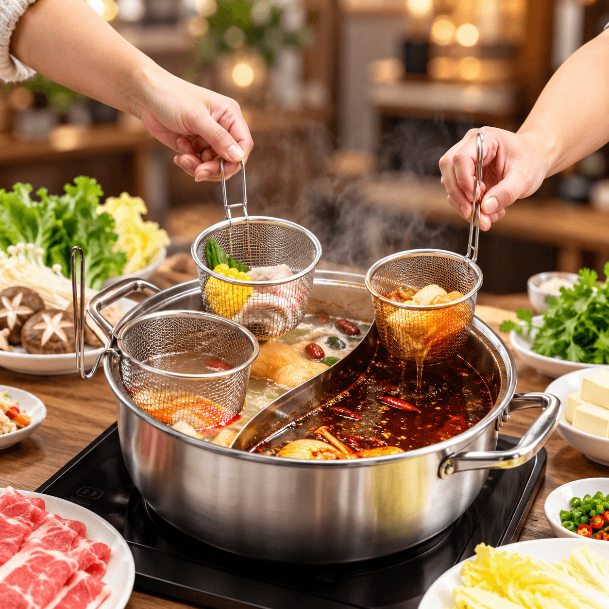 Giỏ Lưới Nhúng Lẩu Inox, Rổ Nhúng Thực Phẩm Nhà Bếp Tiện Lợi