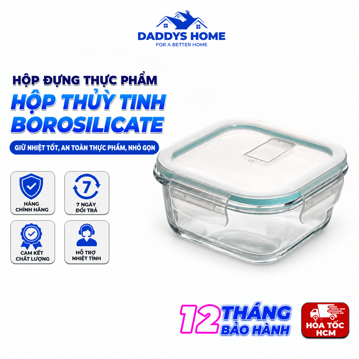 Bộ 4 Hộp Thủy Tinh Vuông, Hộp Bảo Quản Thực Phẩm Nắp Khóa 4 Cạnh