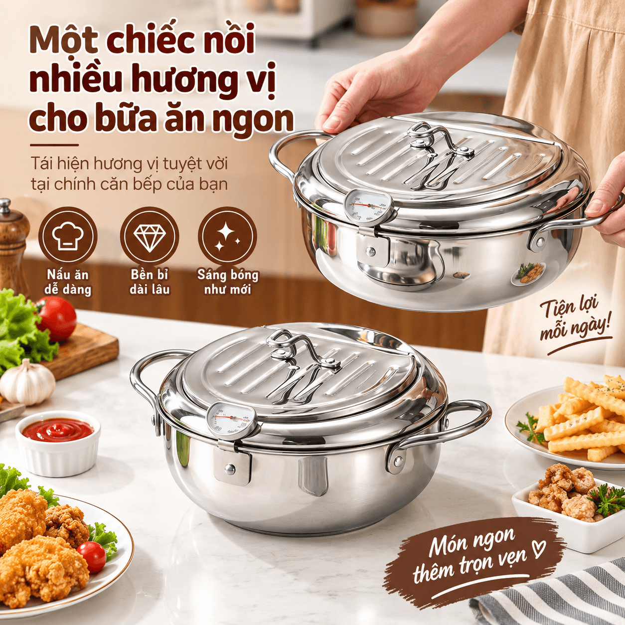Nồi Chiên Ngập Dầu Inox 304 Kiểu Nhật 20cm/2.2L, Có Nhiệt Kế Và Giá Để Ráo Dầu, Nồi Chiên Báo Nhiệt Độ