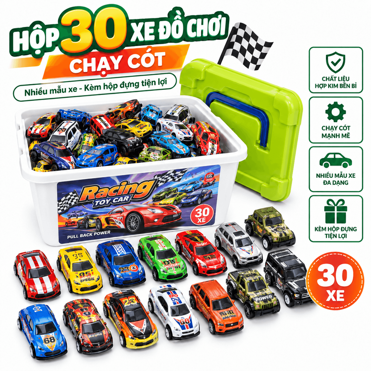 Set 30 Xe Ô Tô Đồ Chơi Bằng Nhựa Chạy Đà, Bộ Xe Mô Hình Mini Nhiều Mẫu Kèm Hộp Đựng Cho Bé