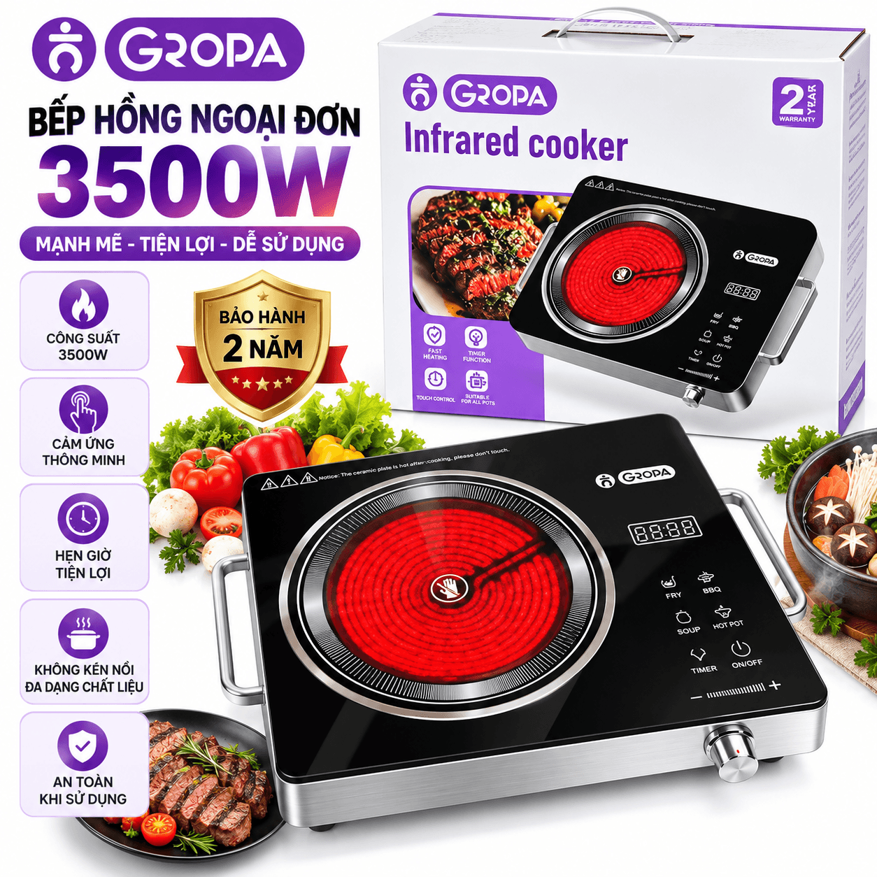 Bếp Hồng Ngoại Đơn GROPA 3500W Công Suất Cao – Bếp Điện Hồng Ngoại Cảm Ứng Có Hẹn Giờ