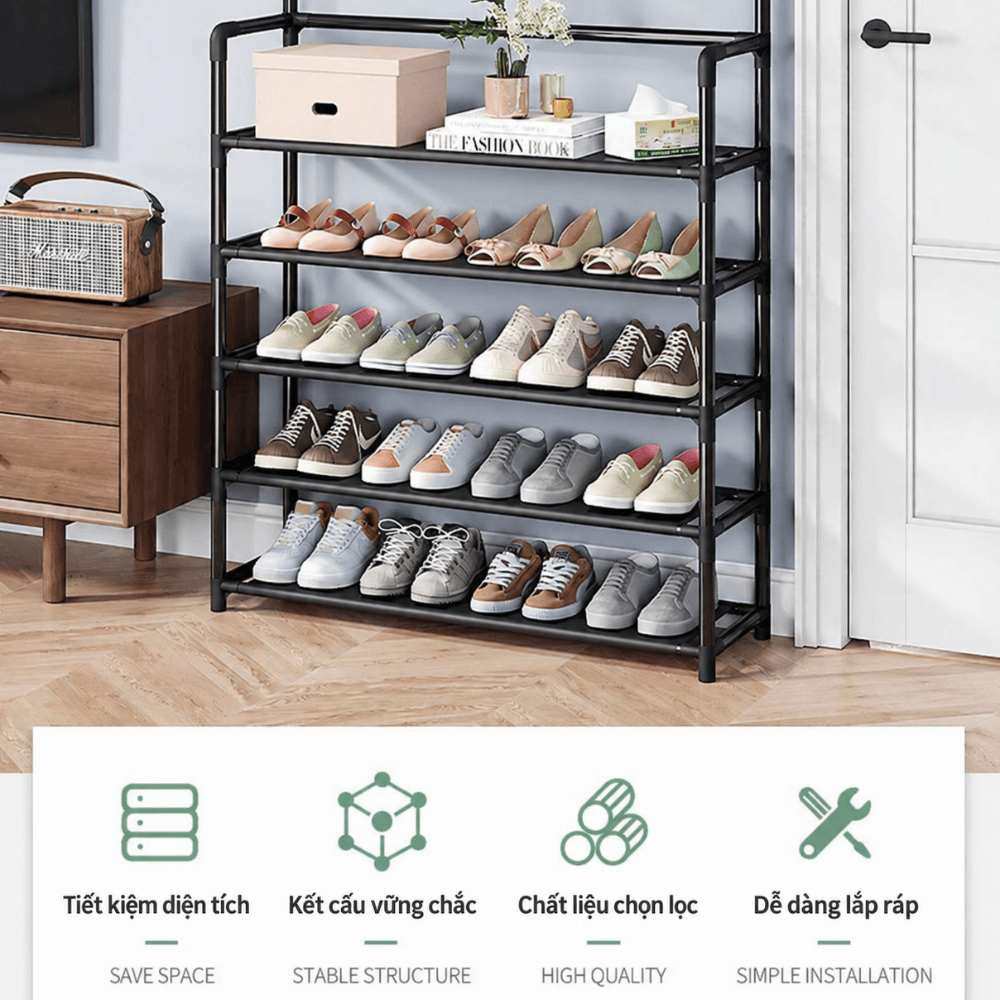 Kệ Giày Chữ L 4 Tầng Có Giá Treo Đồ, Kệ Để Giày Dép Đa Năng Kèm Móc Treo Quần Áo Túi Xách