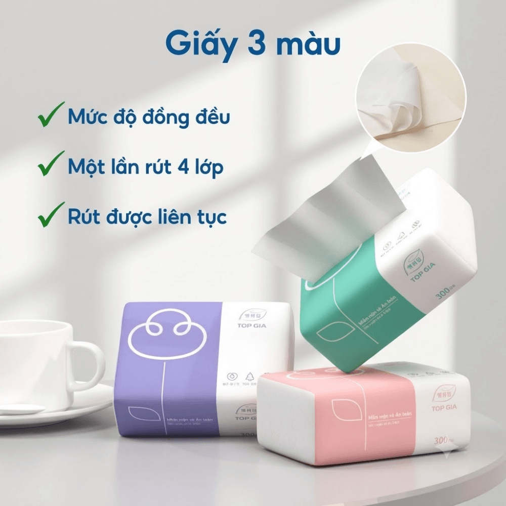 Giấy Ăn 3 Màu TOPGIA, Khăn Giấy Rút Mềm Mịn Thấm Hút Tốt Dùng Cho Gia Đình