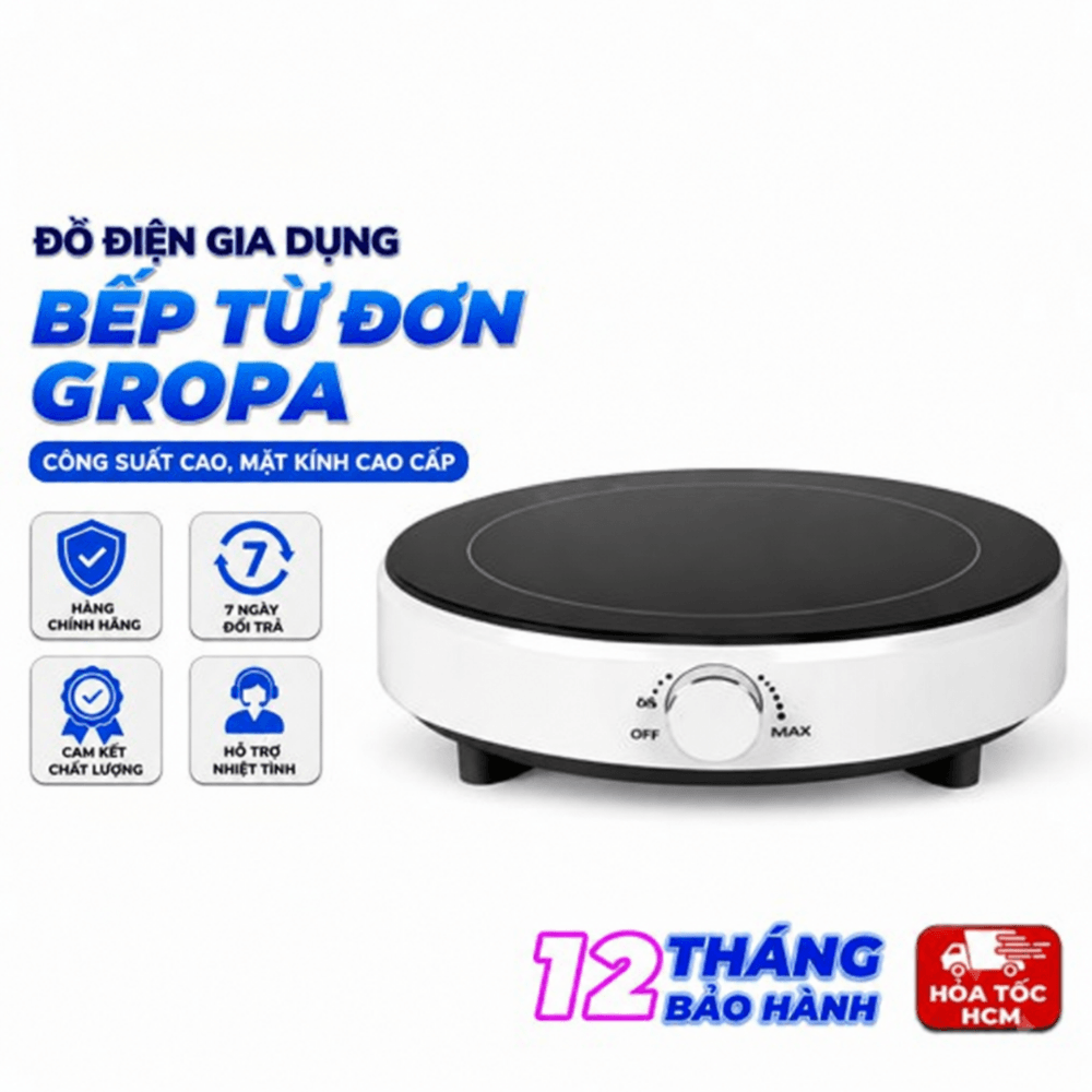 Bếp Từ Đơn GROPA Công Suất Cao – Mặt Kính Cao Cấp, Núm Vặn Điều Chỉnh