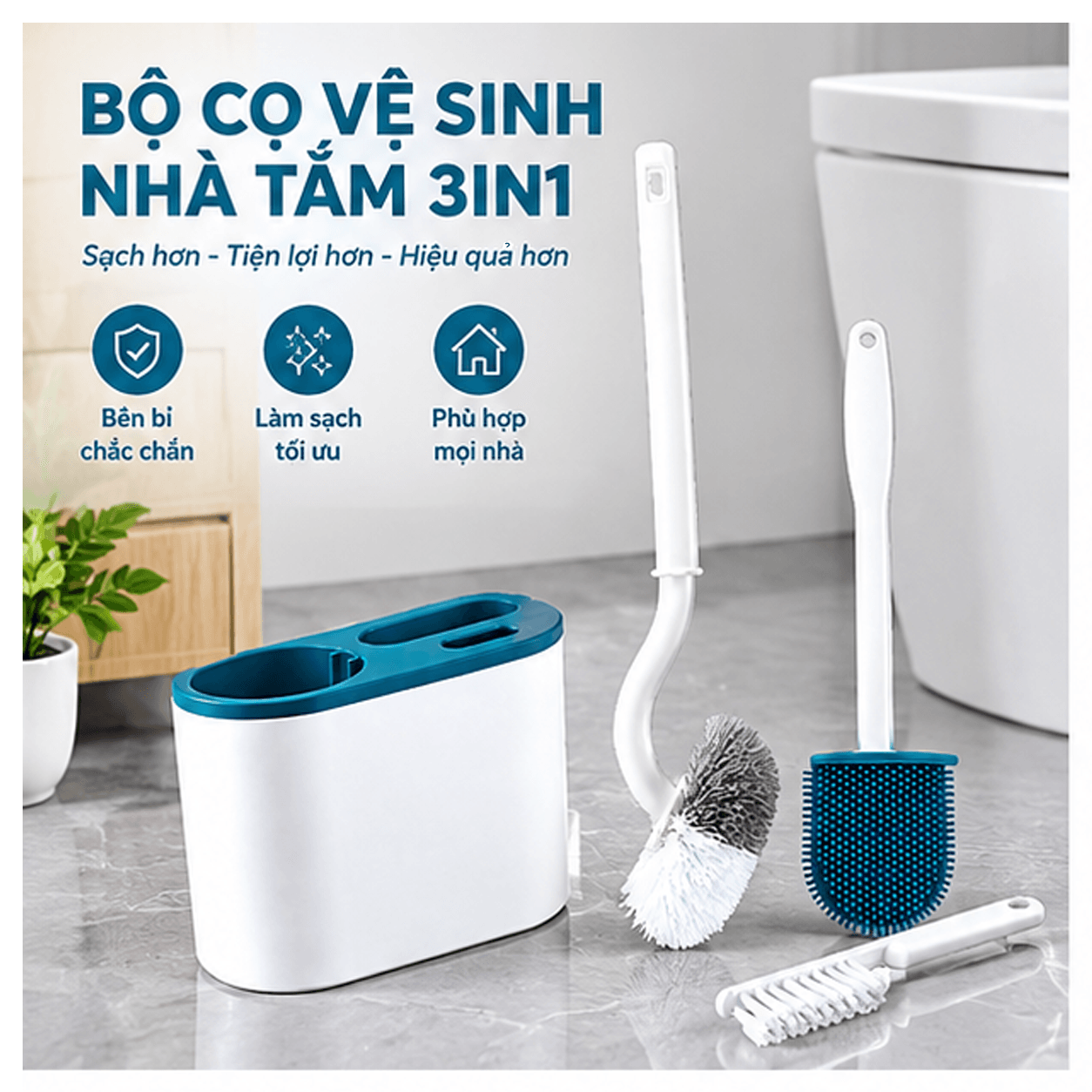 Bộ 3 Bàn Chải Cọ Toilet HAMA Đa Năng, Cọ Vệ Sinh Bồn Cầu, Nhà Tắm Kèm Hộp Đựng Tiện Lợi