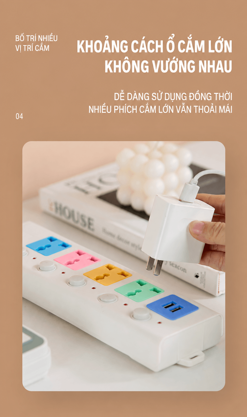 Ổ Điện D42 Dây Dài 5m, Ổ Cắm Điện 4 Ổ Cắm 2 Cổng USB Đa Năng Tiện Lợi