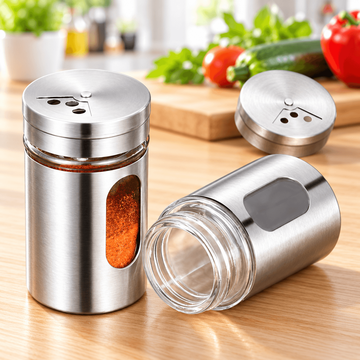 Lọ Đựng Tiêu Thủy Tinh Bọc Inox, Hũ Đựng Gia Vị Nhà Bếp