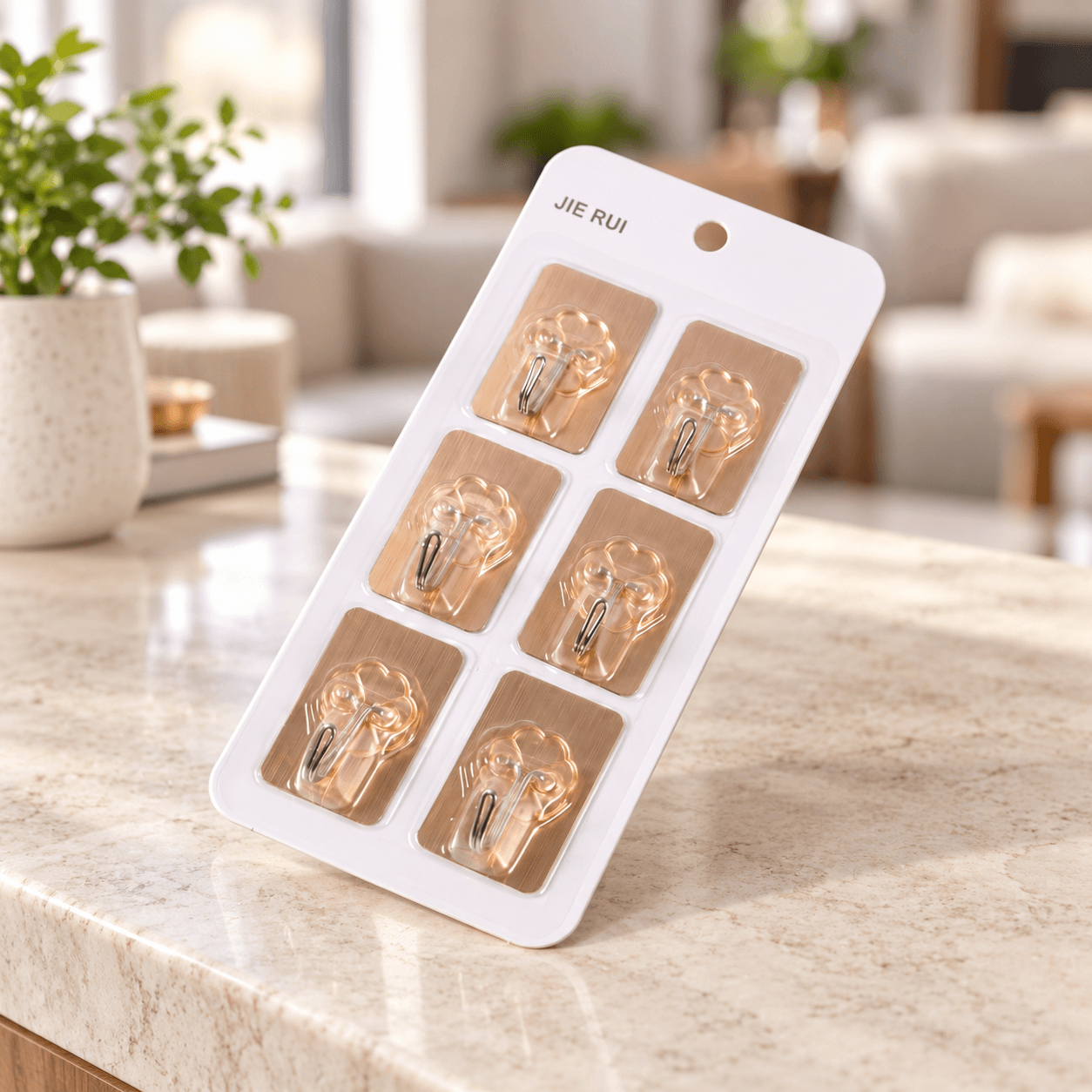 Vỉ 6 Móc Dán Tường Chữ Nhật, Móc Treo Đồ Không Khoan Tường Tiện Lợi