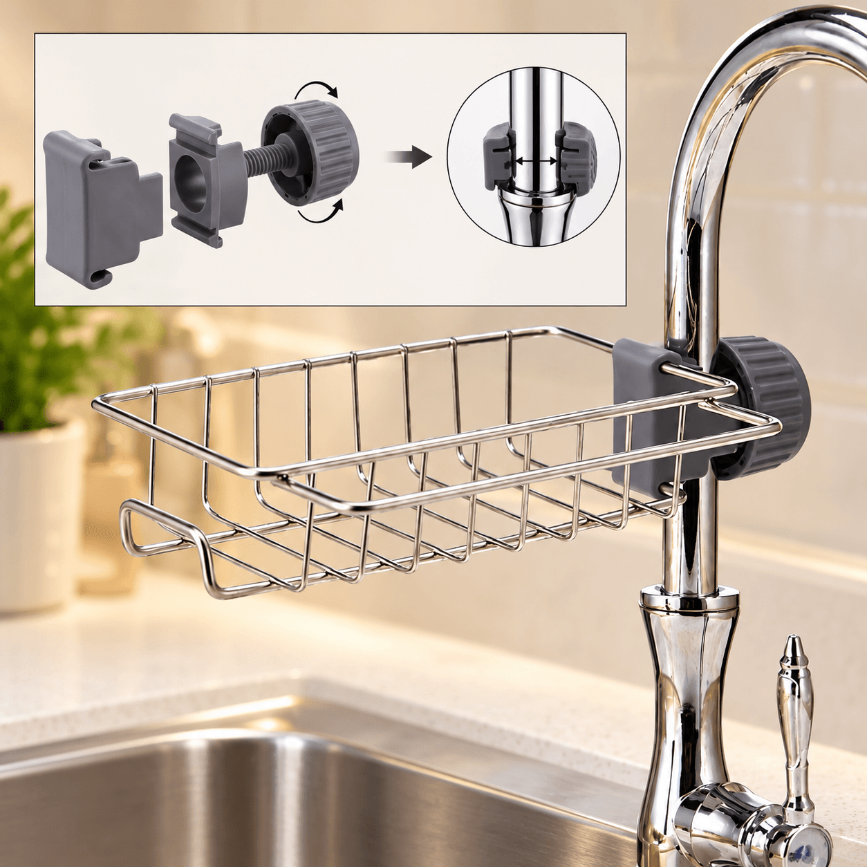 Rổ Treo Vòi Nước Inox RTVN, Rổ Đựng Đồ Bồn Rửa Chén Tiện Lợi