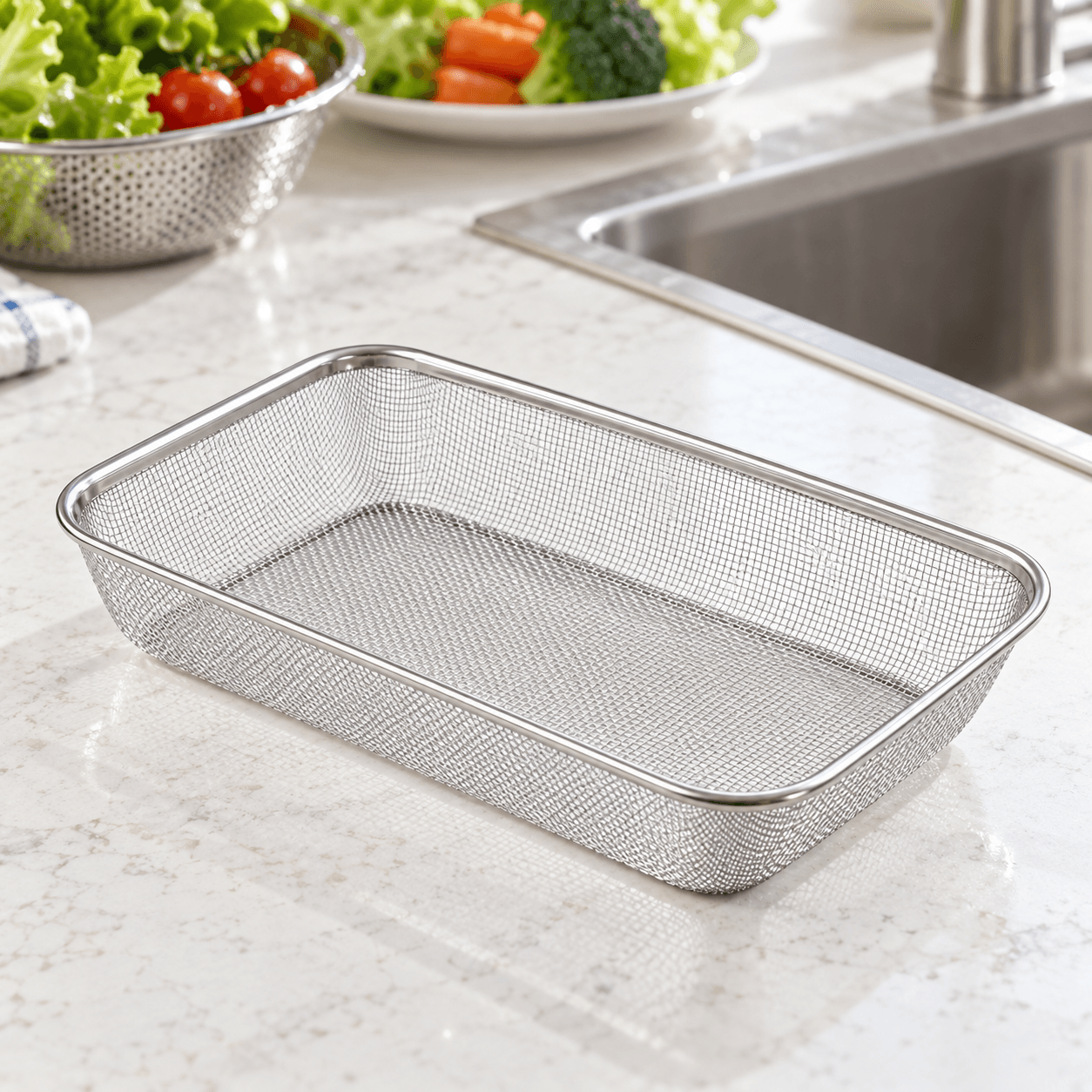 Rổ Lưới Inox Chữ Nhật 29cm, Rổ Đựng Rửa Rau Củ Đa Năng