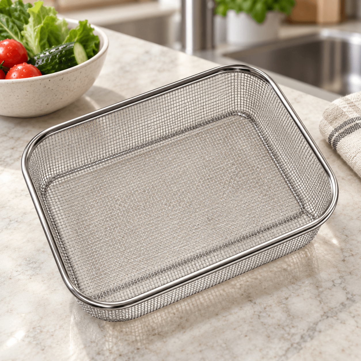Rổ Lưới Inox Chữ Nhật 37cm, Rổ Đựng Rửa Rau Củ Đa Năng