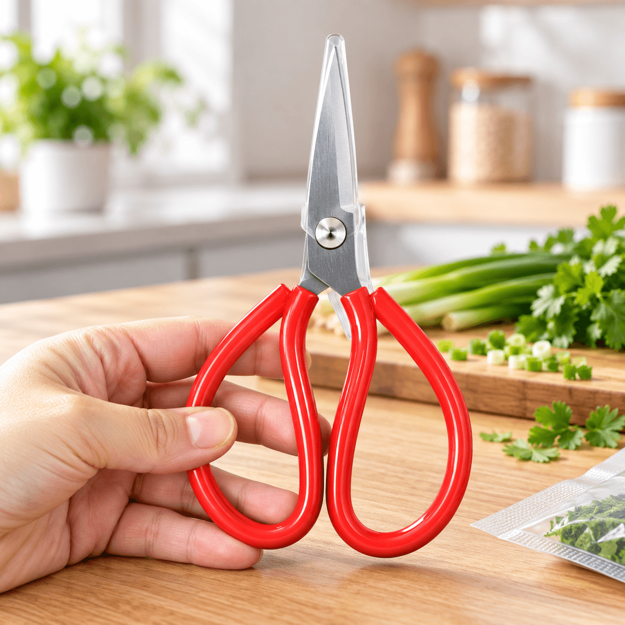 Kéo Cắt Đa Năng Cán Đỏ, Kéo Nhà Bếp Sắc Bén Cắt Thực Phẩm Tiện Lợi