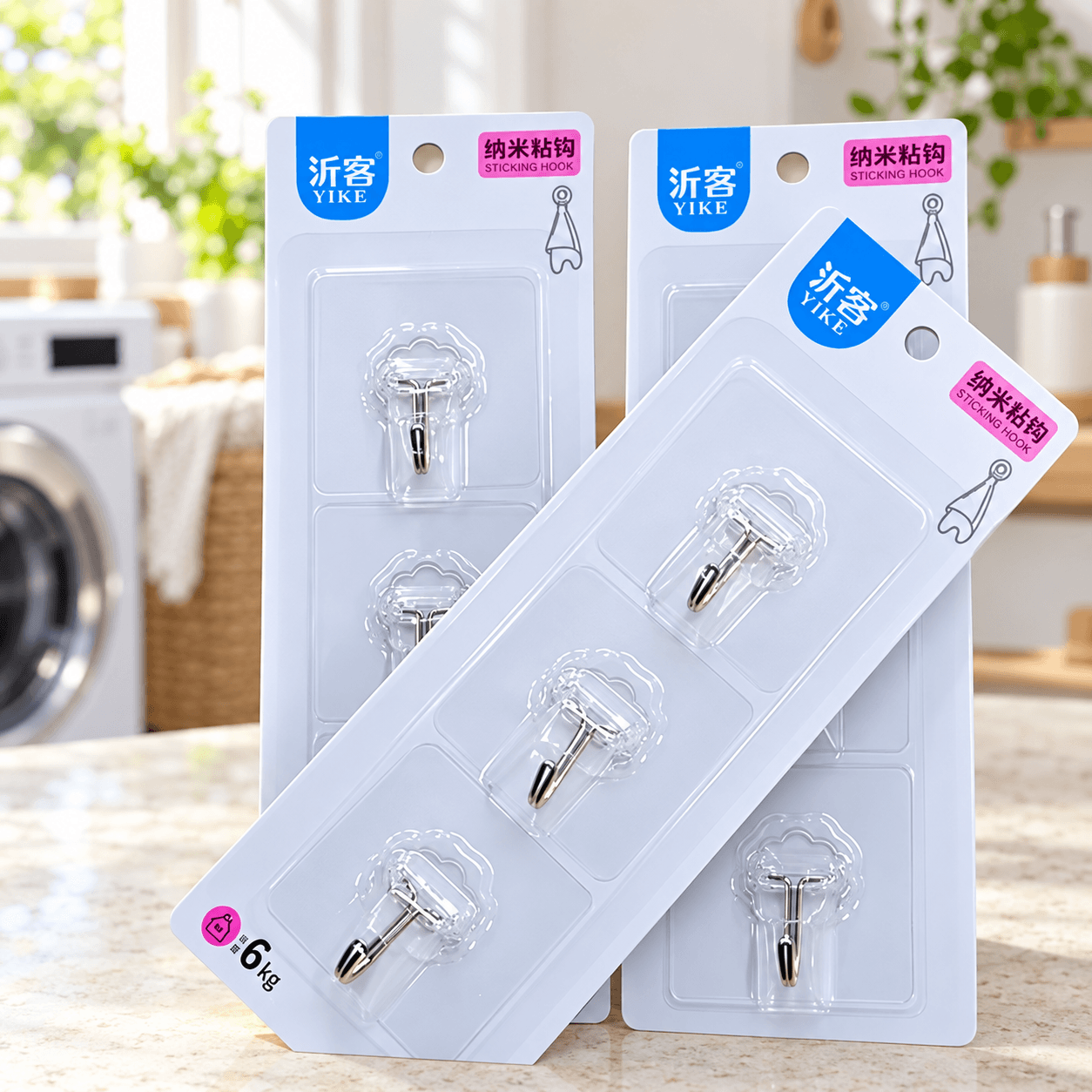 Vỉ 3 Móc Dán Tường Trong Suốt, Móc Treo Đồ Không Khoan Tường